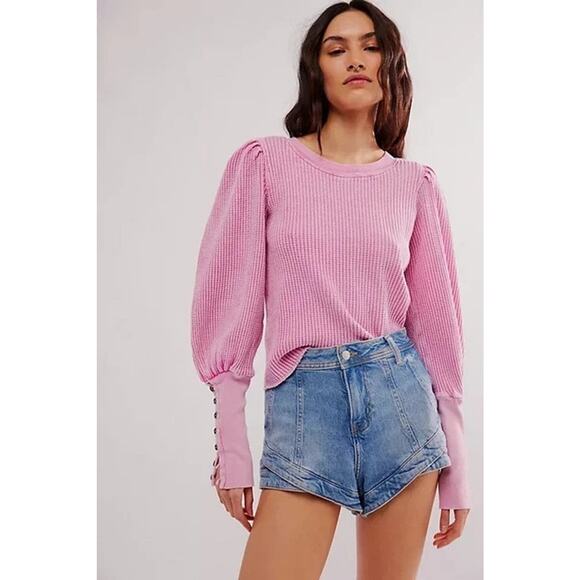 Free People Tops - Free People FP One Wesley Thermal Top Long Sleeve Button hot pink Blouse Sz L